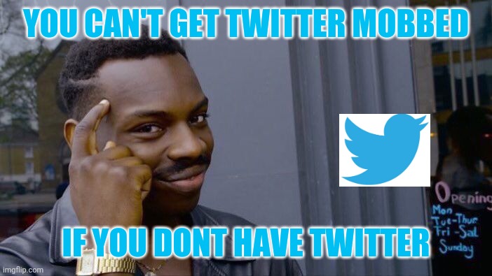 Twitter is the devil | YOU CAN'T GET TWITTER MOBBED; IF YOU DONT HAVE TWITTER | image tagged in memes,roll safe think about it | made w/ Imgflip meme maker