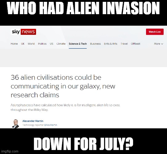 WHO HAD ALIEN INVASION; DOWN FOR JULY? | image tagged in aliens,2020,lockdown | made w/ Imgflip meme maker