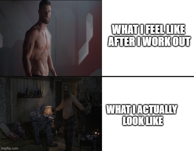 Perception vs. reality | WHAT I FEEL LIKE 
AFTER I WORK OUT; WHAT I ACTUALLY 
LOOK LIKE | image tagged in thor ragnarok,avengers endgame,fat,fit,hot,depressed | made w/ Imgflip meme maker