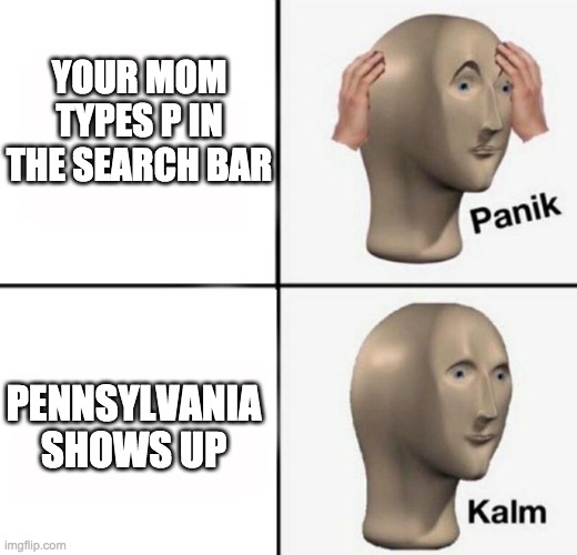 panic then calm | YOUR MOM TYPES P IN THE SEARCH BAR; PENNSYLVANIA SHOWS UP | image tagged in panik kalm | made w/ Imgflip meme maker