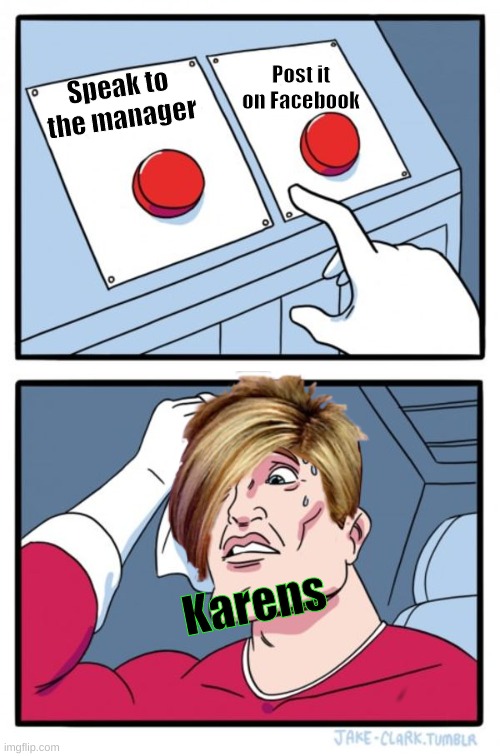 Karen decides the workers fate | Post it on Facebook; Speak to the manager; Karens | image tagged in memes,two buttons,karen | made w/ Imgflip meme maker