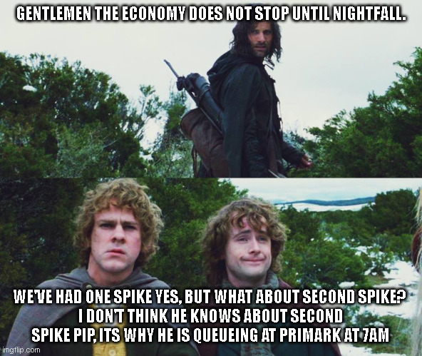 Second spike lotr Covid-19 | GENTLEMEN THE ECONOMY DOES NOT STOP UNTIL NIGHTFALL. WE'VE HAD ONE SPIKE YES, BUT WHAT ABOUT SECOND SPIKE? 
I DON'T THINK HE KNOWS ABOUT SECOND SPIKE PIP, ITS WHY HE IS QUEUEING AT PRIMARK AT 7AM | image tagged in aragorn merry pippin second breakfast | made w/ Imgflip meme maker