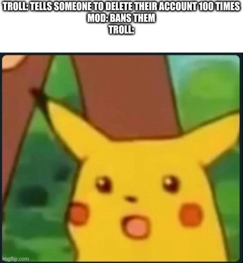 Surprised Pikachu | TROLL: TELLS SOMEONE TO DELETE THEIR ACCOUNT 100 TIMES
MOD: BANS THEM
TROLL: | image tagged in surprised pikachu | made w/ Imgflip meme maker