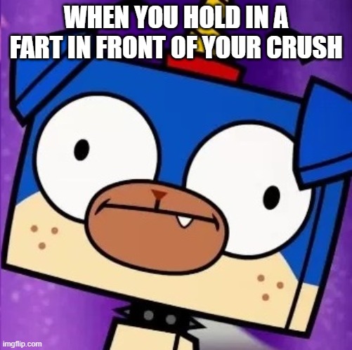 hmm | WHEN YOU HOLD IN A FART IN FRONT OF YOUR CRUSH | image tagged in puppycorn derp,unikitty | made w/ Imgflip meme maker