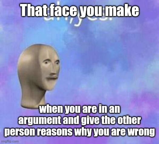 Ah yes | That face you make; when you are in an argument and give the other person reasons why you are wrong | image tagged in ah yes | made w/ Imgflip meme maker