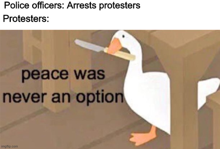 Untitled Goose Peace Was Never an Option | Police officers: Arrests protesters; Protesters: | image tagged in untitled goose peace was never an option | made w/ Imgflip meme maker