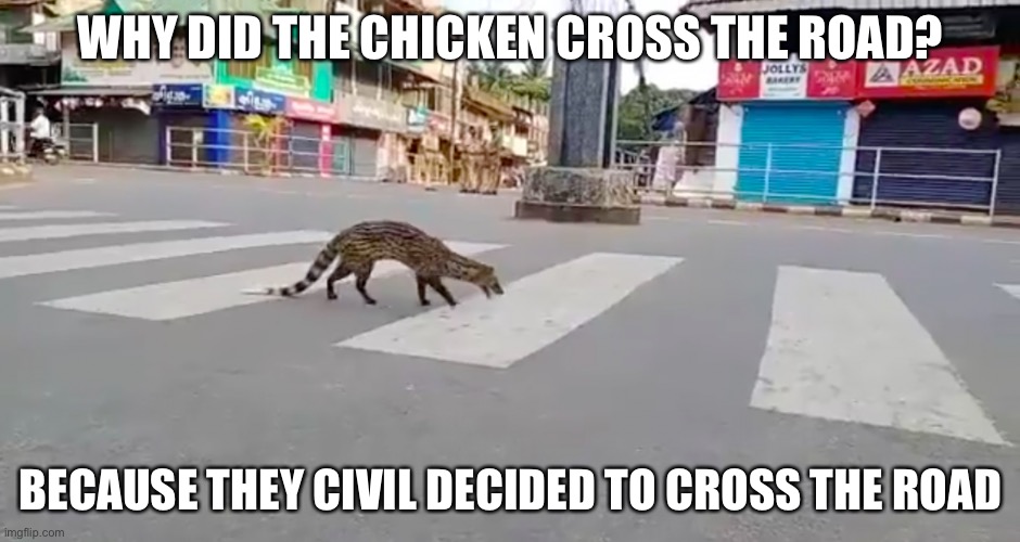 Oh the jokes | WHY DID THE CHICKEN CROSS THE ROAD? BECAUSE THEY CIVIL DECIDED TO CROSS THE ROAD | made w/ Imgflip meme maker