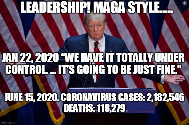 We have it totally under control! | LEADERSHIP! MAGA STYLE..... JAN 22, 2020 “WE HAVE IT TOTALLY UNDER CONTROL. ... IT’S GOING TO BE JUST FINE.”; JUNE 15, 2020. CORONAVIRUS CASES: 2,182,546
DEATHS: 118,279 | image tagged in donald trump,covid-19,trump is a moron | made w/ Imgflip meme maker