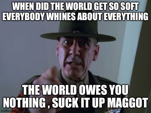 Whiners | WHEN DID THE WORLD GET SO SOFT EVERYBODY WHINES ABOUT EVERYTHING; THE WORLD OWES YOU NOTHING , SUCK IT UP MAGGOT | image tagged in memes,sergeant hartmann | made w/ Imgflip meme maker