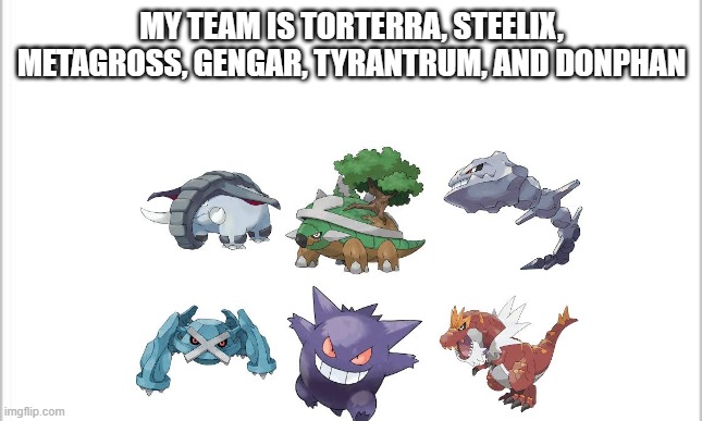 white background | MY TEAM IS TORTERRA, STEELIX, METAGROSS, GENGAR, TYRANTRUM, AND DONPHAN | image tagged in white background | made w/ Imgflip meme maker