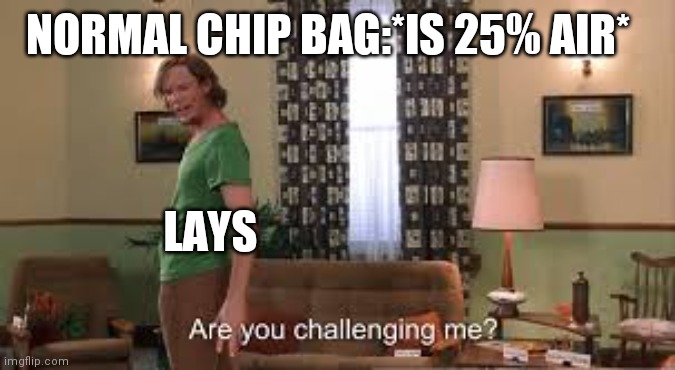 Are you challenging me? | NORMAL CHIP BAG:*IS 25% AIR*; LAYS | image tagged in are you challenging me | made w/ Imgflip meme maker