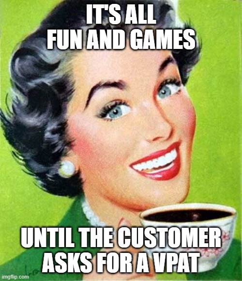 Mom | IT'S ALL FUN AND GAMES; UNTIL THE CUSTOMER ASKS FOR A VPAT | image tagged in mom | made w/ Imgflip meme maker