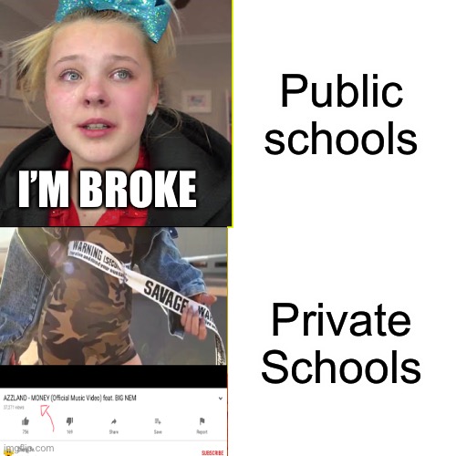 Private schools | Public schools; I’M BROKE; Private Schools | image tagged in memes,funny,funny memes,school,coronavirus,covid-19 | made w/ Imgflip meme maker