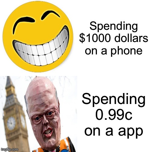 I kinda ran out of names. | Spending $1000 dollars on a phone; Spending 0.99c on a app | image tagged in memes,funny,phone,funny memes,coronavirus,covid-19 | made w/ Imgflip meme maker