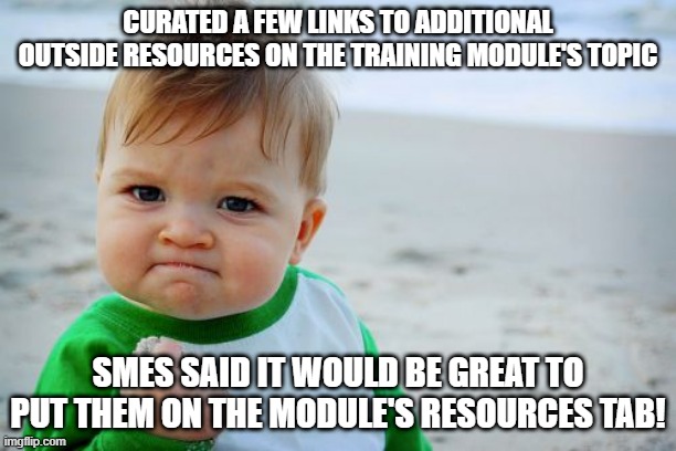 Success Kid Original Meme | CURATED A FEW LINKS TO ADDITIONAL OUTSIDE RESOURCES ON THE TRAINING MODULE'S TOPIC; SMES SAID IT WOULD BE GREAT TO PUT THEM ON THE MODULE'S RESOURCES TAB! | image tagged in memes,success kid original | made w/ Imgflip meme maker