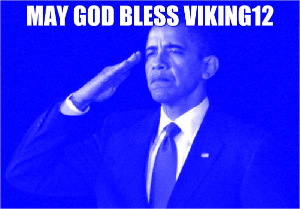 For those about to rock (We salute you) | MAY GOD BLESS VIKING12 | image tagged in obama-salute | made w/ Imgflip meme maker