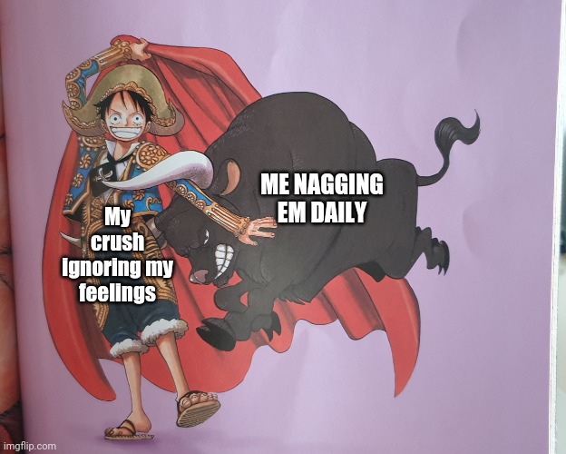 This is the last straw you handsome bitch | ME NAGGING EM DAILY; My crush ignoring my feelings | image tagged in amazing matador | made w/ Imgflip meme maker