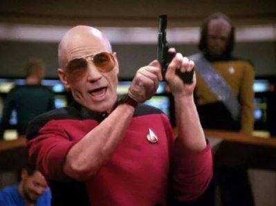 High Quality PICARD WITH GUN "AM I THE ONLY ONE AROUND HERE" Blank Meme Template
