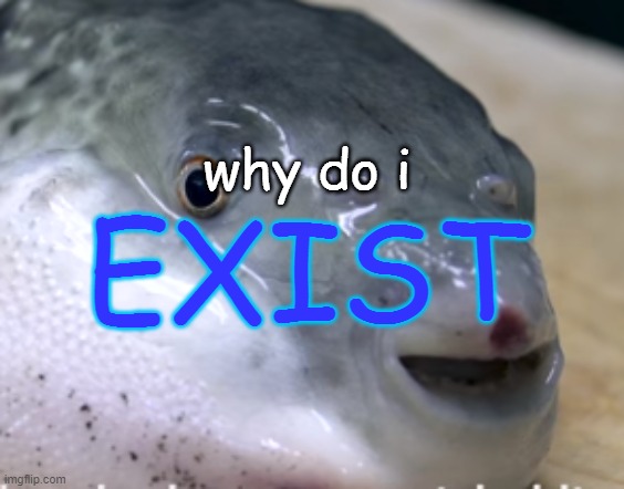 happy pufferfish | why do i; EXIST | image tagged in happy pufferfish | made w/ Imgflip meme maker