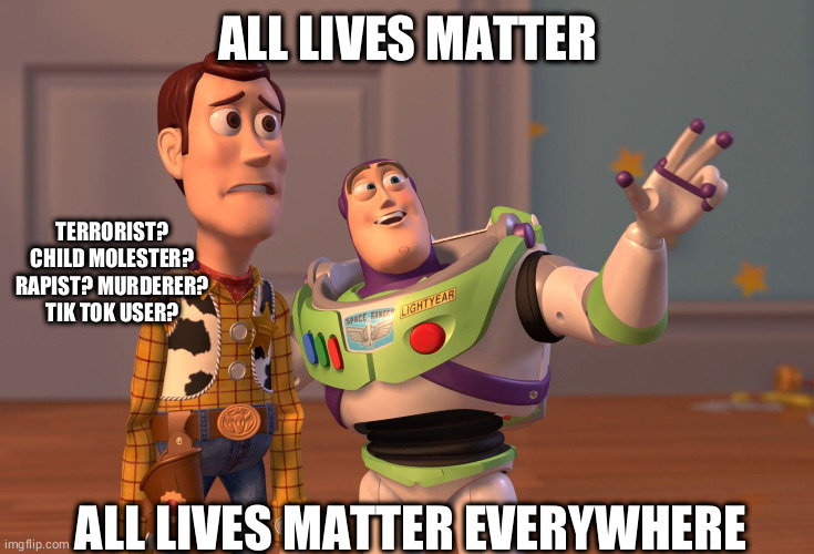 X, X Everywhere Meme | ALL LIVES MATTER; TERRORIST? CHILD MOLESTER? RAPIST? MURDERER? TIK TOK USER? ALL LIVES MATTER EVERYWHERE | image tagged in memes,x x everywhere,all lives matter,tik tok | made w/ Imgflip meme maker