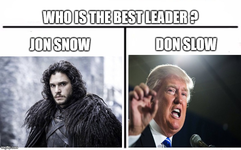 A fictional character defending a real wall vs a real politician defending an imaginary wall | WHO IS THE BEST LEADER ? DON SLOW; JON SNOW | image tagged in donald trump,jon snow,game of thrones,american politics,the wall,wordplay | made w/ Imgflip meme maker