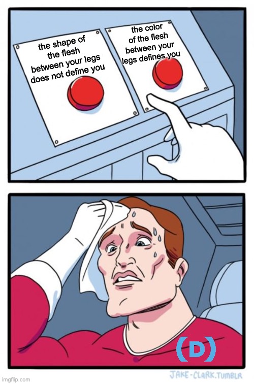 Two Buttons | the color of the flesh between your legs defines you; the shape of the flesh between your legs does not define you | image tagged in memes,two buttons | made w/ Imgflip meme maker