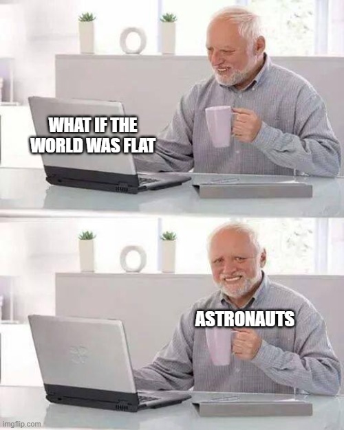 If the world was flat | WHAT IF THE WORLD WAS FLAT; ASTRONAUTS | image tagged in memes,hide the pain harold,astronaut | made w/ Imgflip meme maker