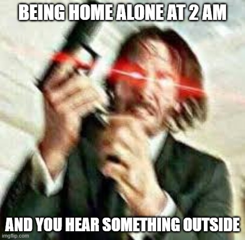 Triggered John Wick | BEING HOME ALONE AT 2 AM; AND YOU HEAR SOMETHING OUTSIDE | image tagged in triggered john wick | made w/ Imgflip meme maker