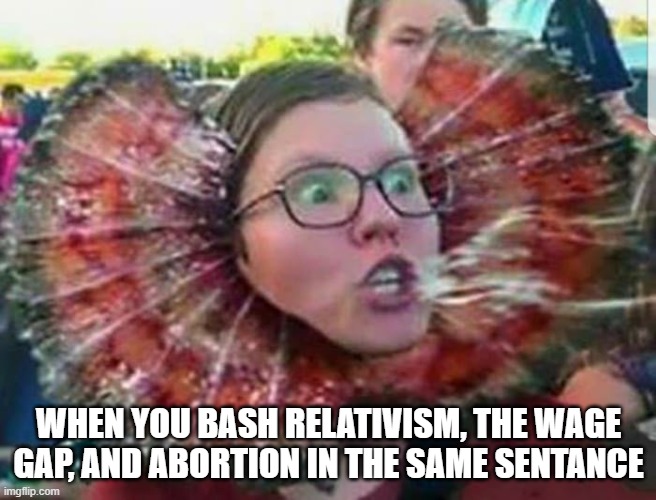 Triggered SJW Dragon | WHEN YOU BASH RELATIVISM, THE WAGE GAP, AND ABORTION IN THE SAME SENTANCE | image tagged in triggered sjw dragon | made w/ Imgflip meme maker