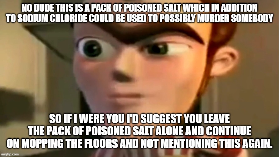 No dude | NO DUDE THIS IS A PACK OF POISONED SALT WHICH IN ADDITION TO SODIUM CHLORIDE COULD BE USED TO POSSIBLY MURDER SOMEBODY; SO IF I WERE YOU I'D SUGGEST YOU LEAVE THE PACK OF POISONED SALT ALONE AND CONTINUE ON MOPPING THE FLOORS AND NOT MENTIONING THIS AGAIN. | image tagged in memes,JimmyNeutronMemes | made w/ Imgflip meme maker