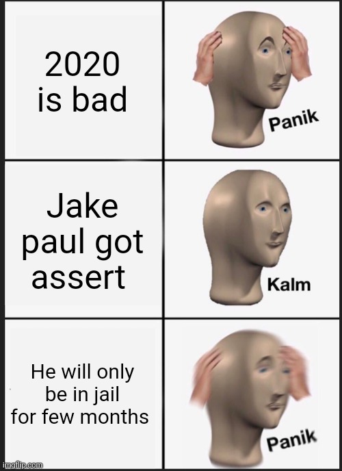 Panik Kalm Panik | 2020 is bad; Jake paul got assert; He will only be in jail for few months | image tagged in memes,panik kalm panik | made w/ Imgflip meme maker