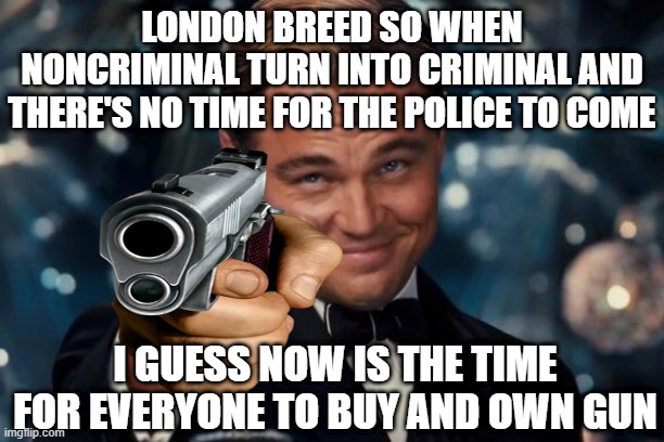 Have You Seen The Price Of Guns Point Blank It's Criminal | LONDON BREED SO WHEN NONCRIMINAL TURN INTO CRIMINAL AND THERE'S NO TIME FOR THE POLICE TO COME; I GUESS NOW IS THE TIME FOR EVERYONE TO BUY AND OWN GUN | image tagged in leonardo dicaprio cheers,leonardo dicaprio toast,chuck norris guns,girls with guns,criminal,criminals | made w/ Imgflip meme maker