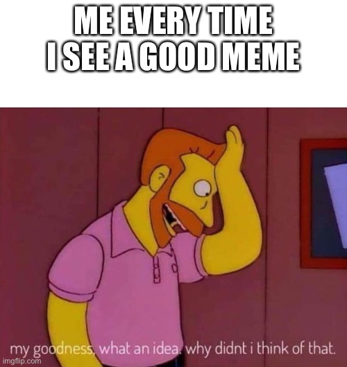 my goodness what an idea why didn't I think of that | ME EVERY TIME I SEE A GOOD MEME | image tagged in my goodness what an idea why didn't i think of that | made w/ Imgflip meme maker