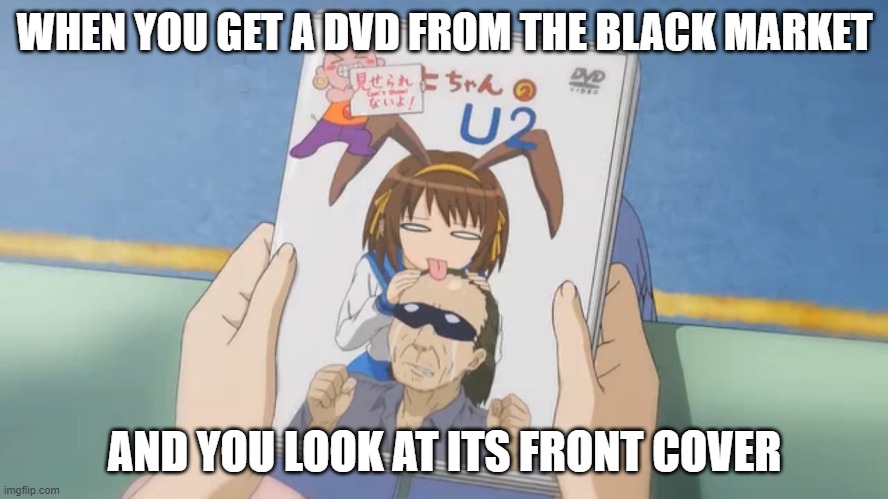 Pirated DVD Cover Weirdness | WHEN YOU GET A DVD FROM THE BLACK MARKET; AND YOU LOOK AT ITS FRONT COVER | image tagged in suzumiya haruhi no u2,black market,dvd,memes,funny | made w/ Imgflip meme maker