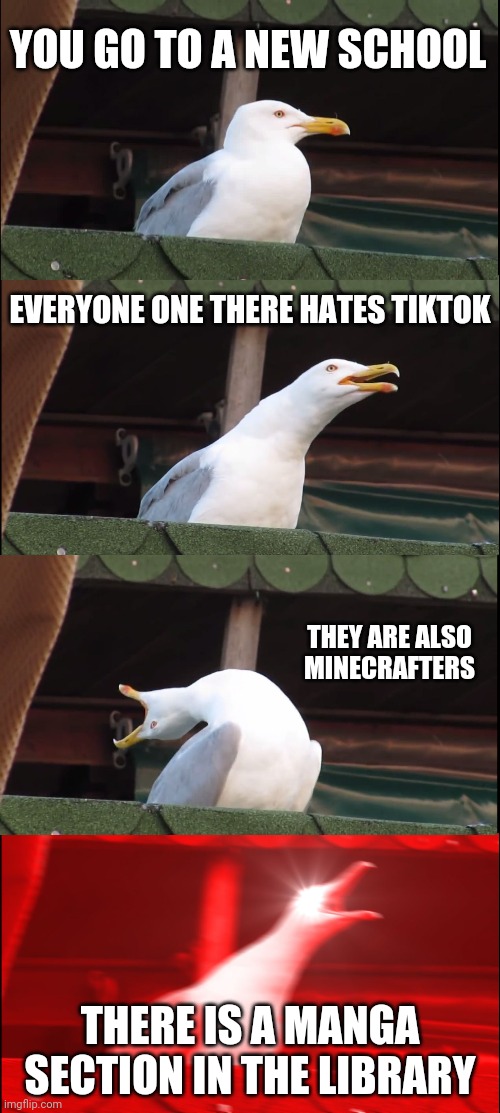 I'm gonna fit right in | YOU GO TO A NEW SCHOOL; EVERYONE ONE THERE HATES TIKTOK; THEY ARE ALSO MINECRAFTERS; THERE IS A MANGA SECTION IN THE LIBRARY | image tagged in memes,inhaling seagull,funny | made w/ Imgflip meme maker