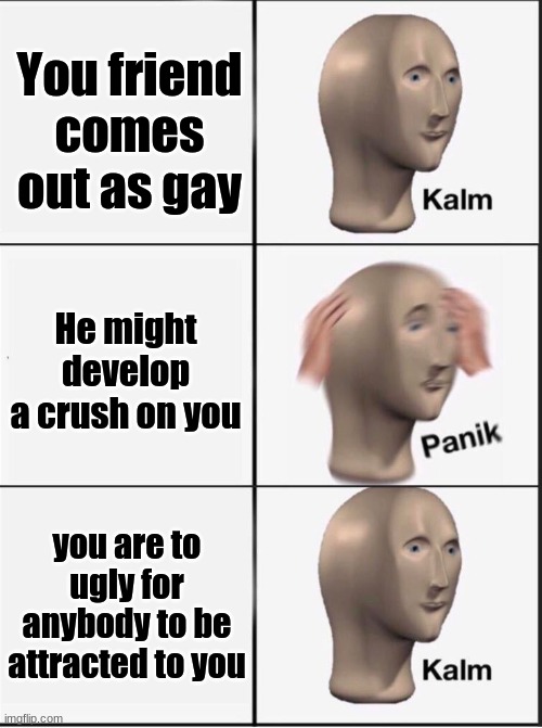 Reverse kalm panik | You friend comes out as gay; He might develop a crush on you; you are to ugly for anybody to be attracted to you | image tagged in reverse kalm panik | made w/ Imgflip meme maker