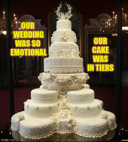 wedding cake | OUR 
WEDDING
WAS SO 
EMOTIONAL; OUR
CAKE
WAS
IN TIERS | image tagged in wedding cake | made w/ Imgflip meme maker