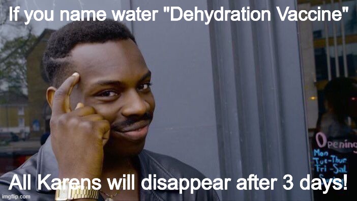 Roll Safe Think About It | If you name water "Dehydration Vaccine"; All Karens will disappear after 3 days! | image tagged in memes,roll safe think about it | made w/ Imgflip meme maker