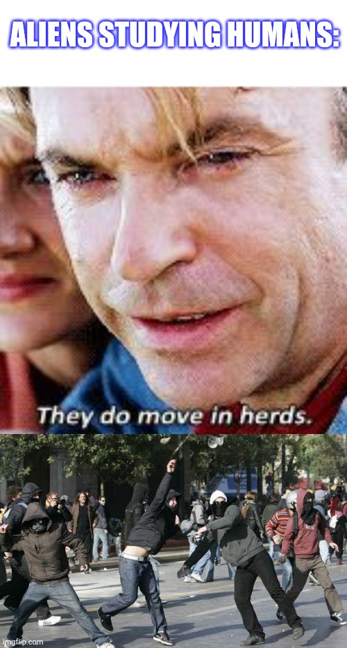 They do move in herds... | ALIENS STUDYING HUMANS: | image tagged in rioters,jurassic park move in herds,funny,memes,meme | made w/ Imgflip meme maker