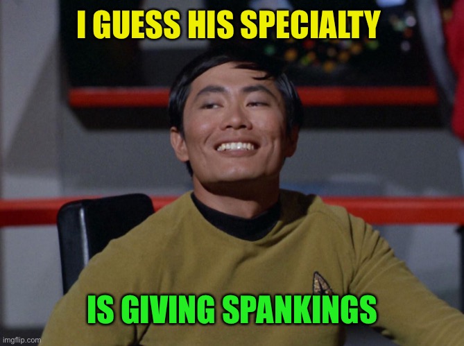 Sulu smug | I GUESS HIS SPECIALTY IS GIVING SPANKINGS | image tagged in sulu smug | made w/ Imgflip meme maker