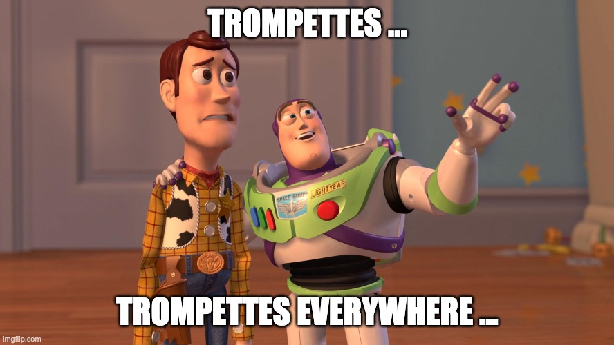 French trompette | TROMPETTES ... TROMPETTES EVERYWHERE ... | image tagged in woody and buzz lightyear everywhere widescreen | made w/ Imgflip meme maker