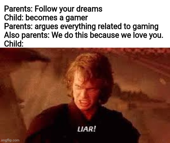 Anakin Liar | Parents: Follow your dreams
Child: becomes a gamer 
Parents: argues everything related to gaming 
Also parents: We do this because we love you. 
Child: | image tagged in anakin liar | made w/ Imgflip meme maker