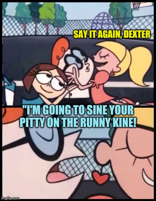 Say it Again, Dexter | SAY IT AGAIN, DEXTER; "I'M GOING TO SINE YOUR PITTY ON THE RUNNY KINE! | image tagged in memes,say it again dexter | made w/ Imgflip meme maker