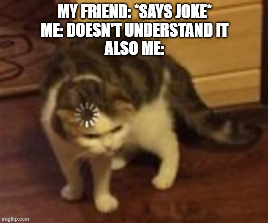 jokes for me be like | MY FRIEND: *SAYS JOKE*
ME: DOESN'T UNDERSTAND IT
ALSO ME: | image tagged in loading cat | made w/ Imgflip meme maker