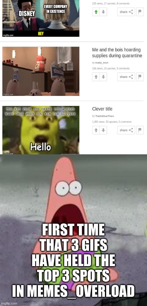 FIRST TIME THAT 3 GIFS HAVE HELD THE TOP 3 SPOTS IN MEMES_OVERLOAD | image tagged in suprised patrick | made w/ Imgflip meme maker