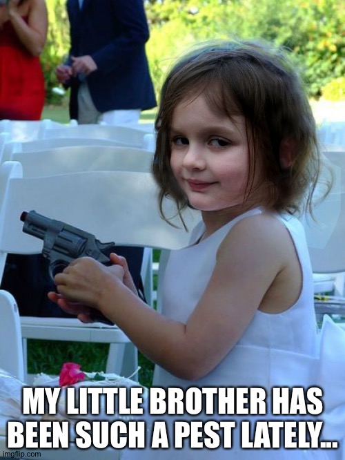 Disaster Girl Gun | MY LITTLE BROTHER HAS BEEN SUCH A PEST LATELY... | image tagged in disaster girl gun | made w/ Imgflip meme maker