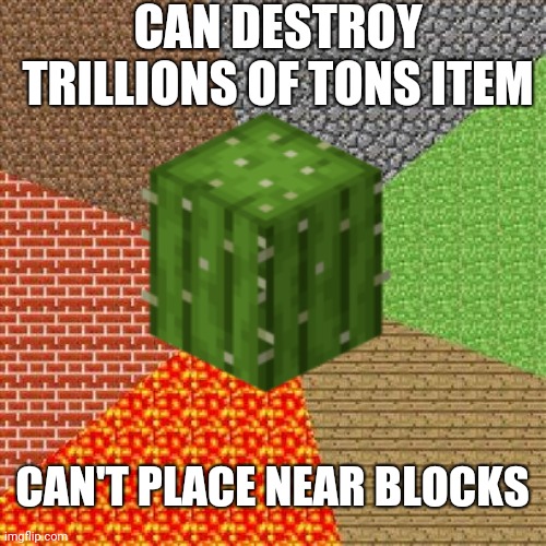 Power(?) of Cactus | CAN DESTROY TRILLIONS OF TONS ITEM; CAN'T PLACE NEAR BLOCKS | image tagged in minecraft,cactus | made w/ Imgflip meme maker