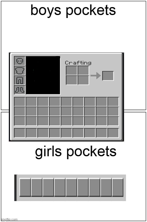 Blank Comic Panel 1x2 Meme | boys pockets; girls pockets | image tagged in memes,blank comic panel 1x2,boys vs girls | made w/ Imgflip meme maker