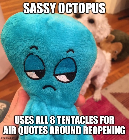 Sassy Octopus | SASSY OCTOPUS; USES ALL 8 TENTACLES FOR AIR QUOTES AROUND REOPENING | image tagged in sassy octopus | made w/ Imgflip meme maker