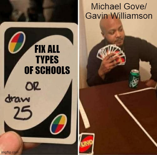 Education is crap. | Michael Gove/ Gavin Williamson; FIX ALL TYPES OF SCHOOLS | image tagged in memes,uno draw 25 cards | made w/ Imgflip meme maker
